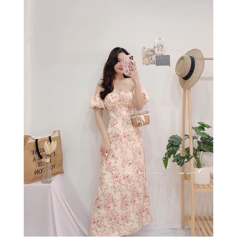 VÁY HOA CUP NGỰC TRỄ VAI HỒNG NHẠT DÁNG DÀI XINH XẮN