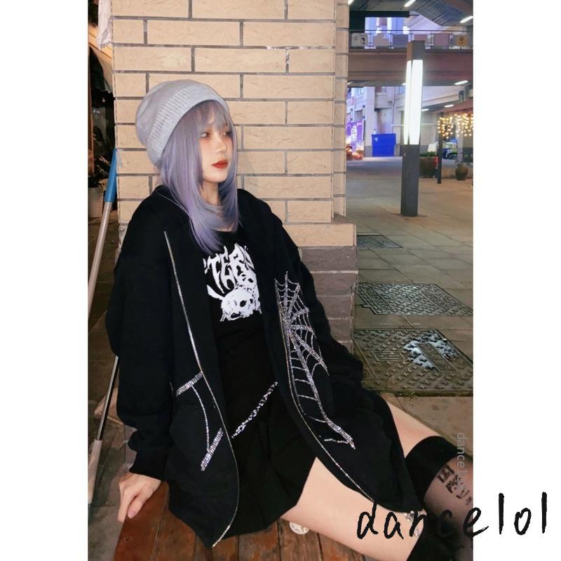 Áo Khoác Nhảy Múa Tay Dài Có Dây Kéo Hình Mạng Nhện Đính Đá 1O1-Y2k