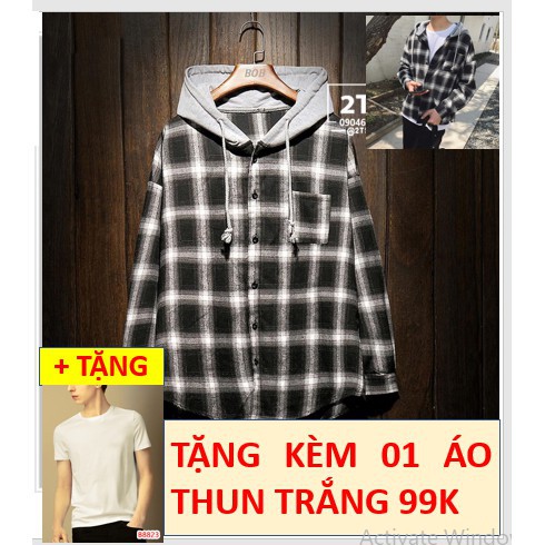 COMBO ÁO KHOÁC CARO SƠ MI KHỐI NÓN UNISEX TẶNG ÁO THUN COTTON THEO SIZE