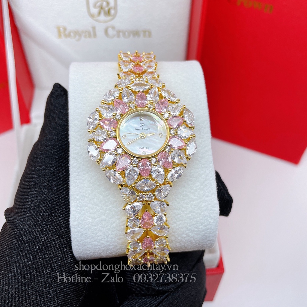 Đồng Hồ Nữ Royal Crown 2035 Đá Trắng Hồng Gold 34mm