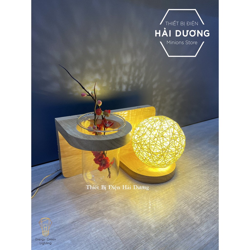 Đèn Tường Kệ Gỗ Chao Hình Cầu Mây Hiện Đại DT-2814 - Trang Trí Căn Phòng - Energy Green Lighting - Đã Bao Gồm Bóng LED