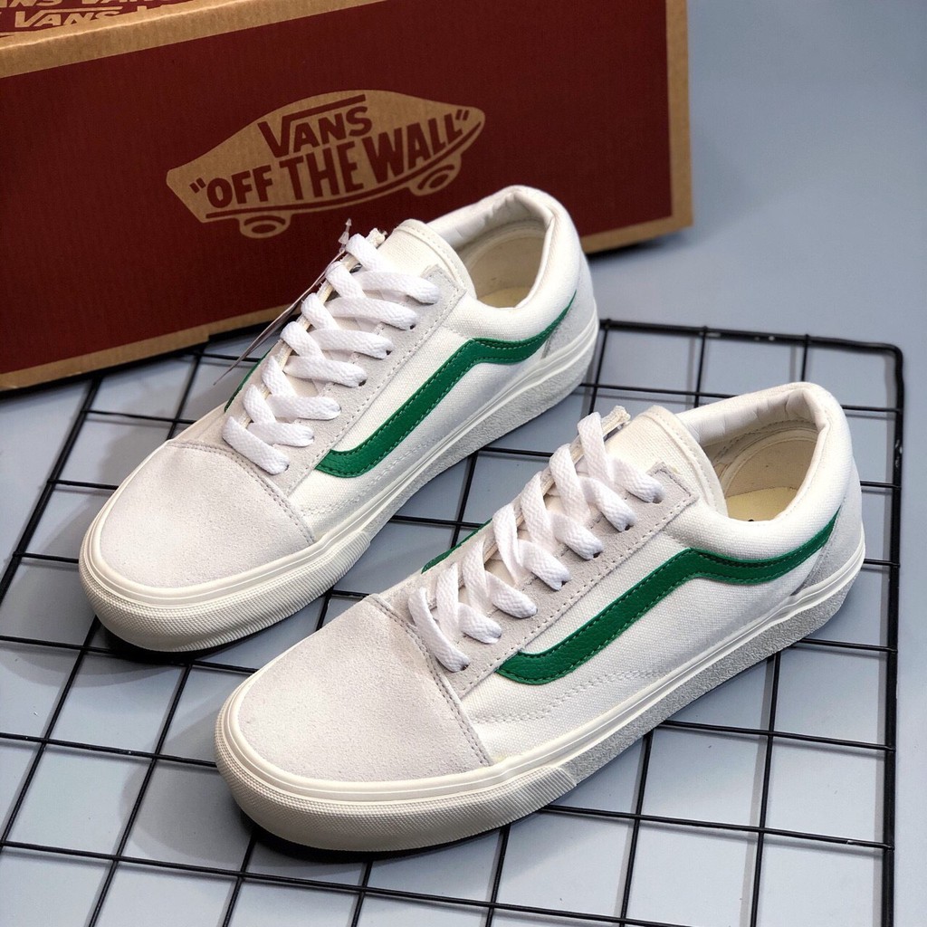 [Tặng Kèm Hộp + Vớ Xinh]Giày Sneaker Nam Vans Old Skool Trắng Viền Xanh Lá Da Lộn Giày Vans Style 36