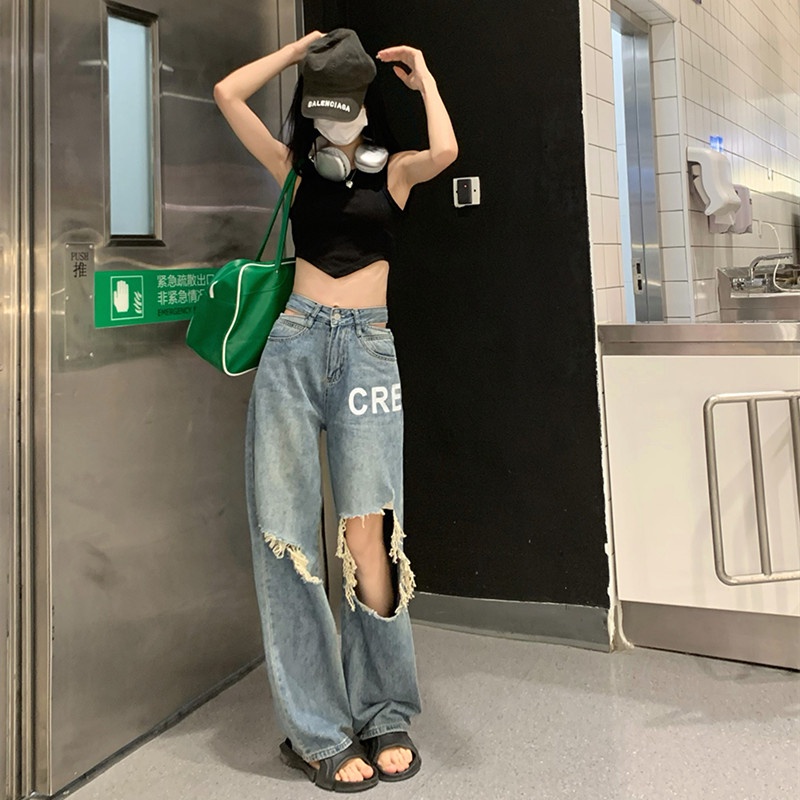 Quần Jean Nữ Lưng Cao Ống Đứng Rách Gối Thời Trang