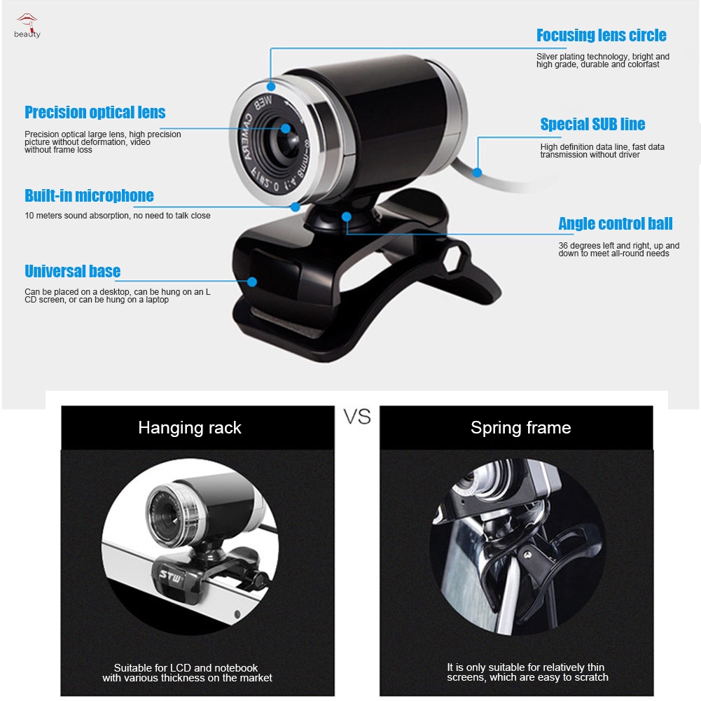 【COD】 HD Webcam Máy tính để bàn Máy tính xách tay Web Camera tích hợp Micrô xoay 360 độ cho màn hình LCD Máy tính xách tay Mới