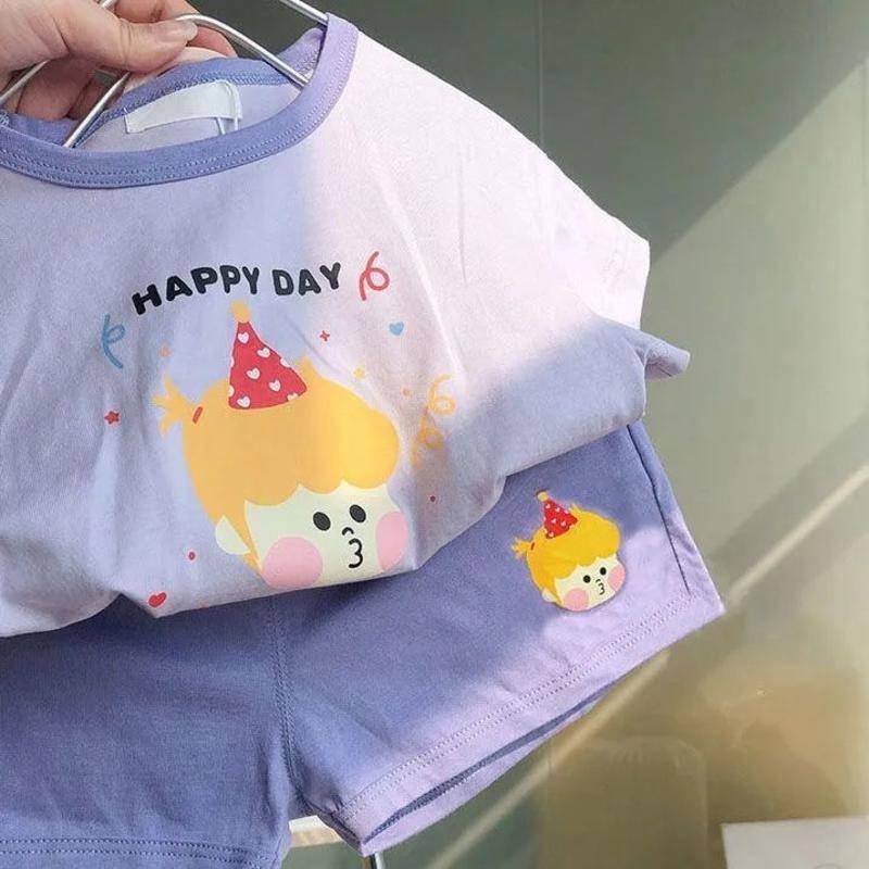 Bộ đồ 2 món gồm áo thun cotton ngắn tay + quần short mùa hè phong cách phương Tây hoạ tiết phim hoạt hình cho bé