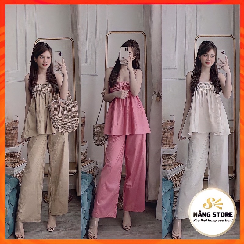 Set đồ đi chơi hàng QCCC áo 2 dây đũi xước kết hợp quần form rộng