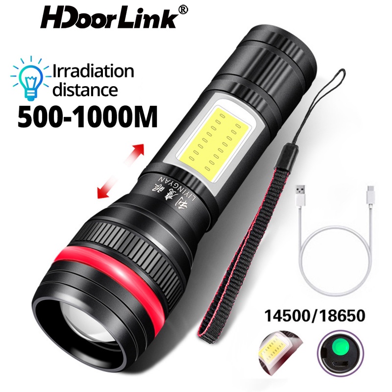 Đèn pin HdoorLink ánh sáng mạnh công sức lớn phạm vi chiếu sáng lên 500-1000M có thể sạc lại bằng cáp USB