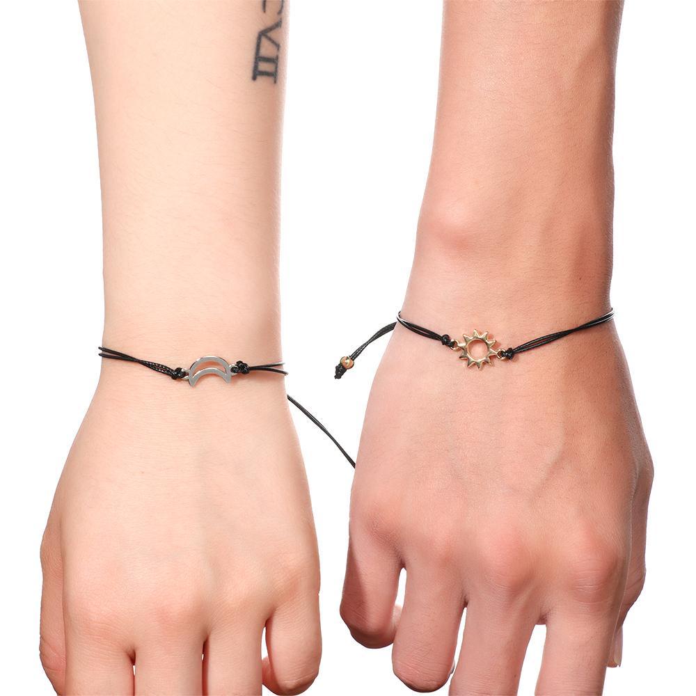 Set 2 Vòng Tay Dây Bện Mặt Trăng / Mặt Trời / Mặt Trời Màu Đen Thiết Kế Đơn Giản