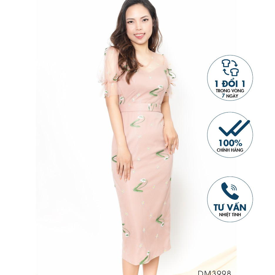 Đầm ôm cổ tim Emspo phối lưới nữ tính chun tay và đính nơ đai eo rời DM3998