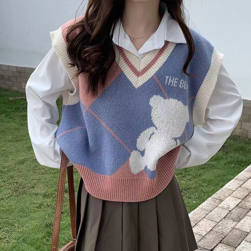 Áo Sweater Dệt Kim Không Tay Cổ Chữ V Phong Cách Nhật Bản Thời Trang Xuân Thu Dành Cho Nữ