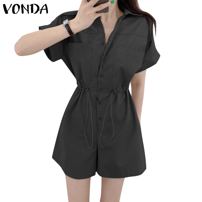 Áo liền quần VONDA tay ngắn màu trơn cài nút thời trang mùa hè Hàn Quốc cho nữ