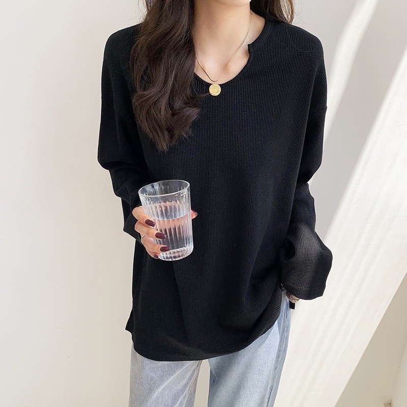 Áo thun tay dài nữ, áo dài tay nữ cổ khoét giọt lệ chất len tổ ong form rộng oversize ulzzang Hàn Quốc cá tính