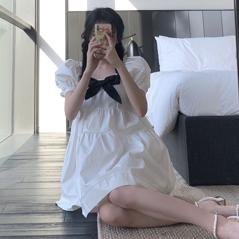 Váy Babydoll Nữ ,Váy Tiểu Thư Trắng Xoè Cổ Vuông Đính Nơ,Freesize Dưới 60kg, Chất Thô Mềm Xếp Tầng Phong Cách Hàn Quốc | BigBuy360 - bigbuy360.vn