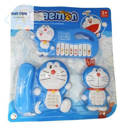 ĐỒ CHƠI VỈ 3 MÓN ĐÀN VÀ ĐIỆN THOẠI HOẠT HÌNH DORAEMON (Dùng pin)