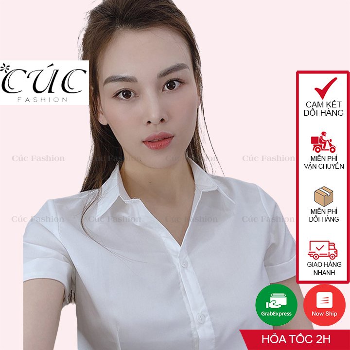 Áo sơ mi nữ CÚC FASHION somi ngắn cao cấp vải lụa đẹp thời trang công sở dễ thương đen đi học trắng cộc tay A01
