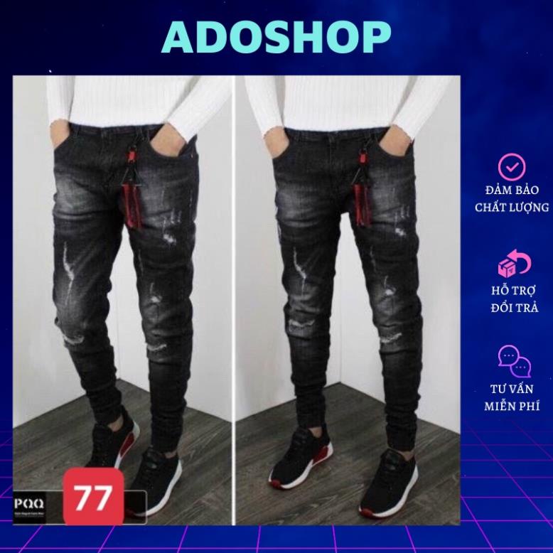 Quần jean jogger nam màu xám đen đậm bo chân rách gối chất bò cao cấp co dãn 4 chiều from dáng baggy skinny ADO Q123 * `