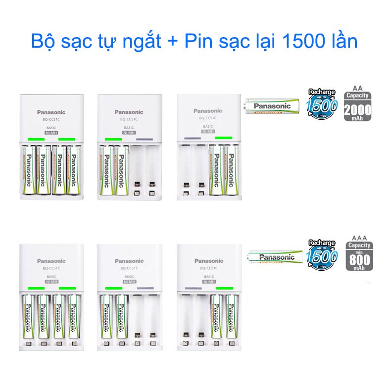 Sạc Pin Panasonic AA/AAA + 2 Pin Sạc AA 2000mAh BQ-CC51C Tự Ngắt Khi Pin Đầy