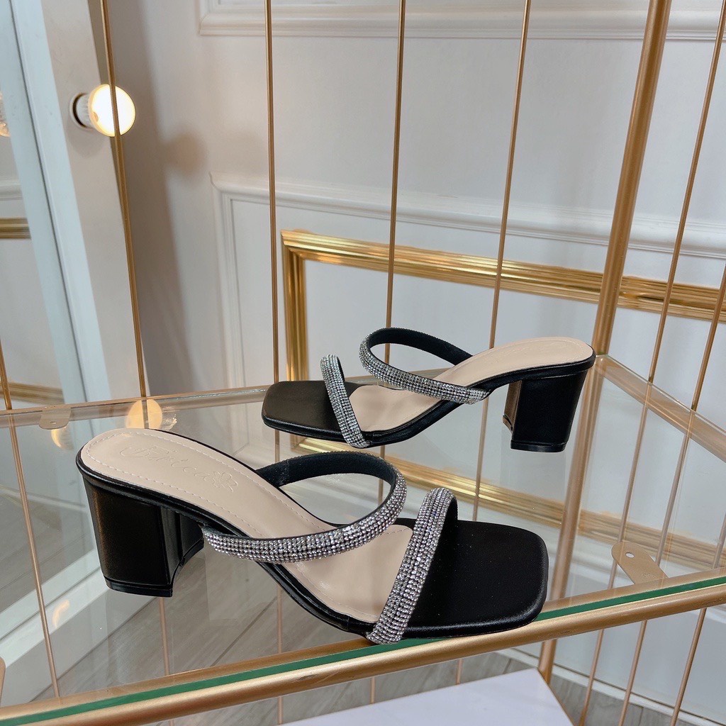 Guốc nữ 7 phân đế vuông đính ngọc tiểu thư Thiên Hương Giày VNXK BP45L152 Dép cao gót Sandal 7p cm 3 màu trắng đen bạc