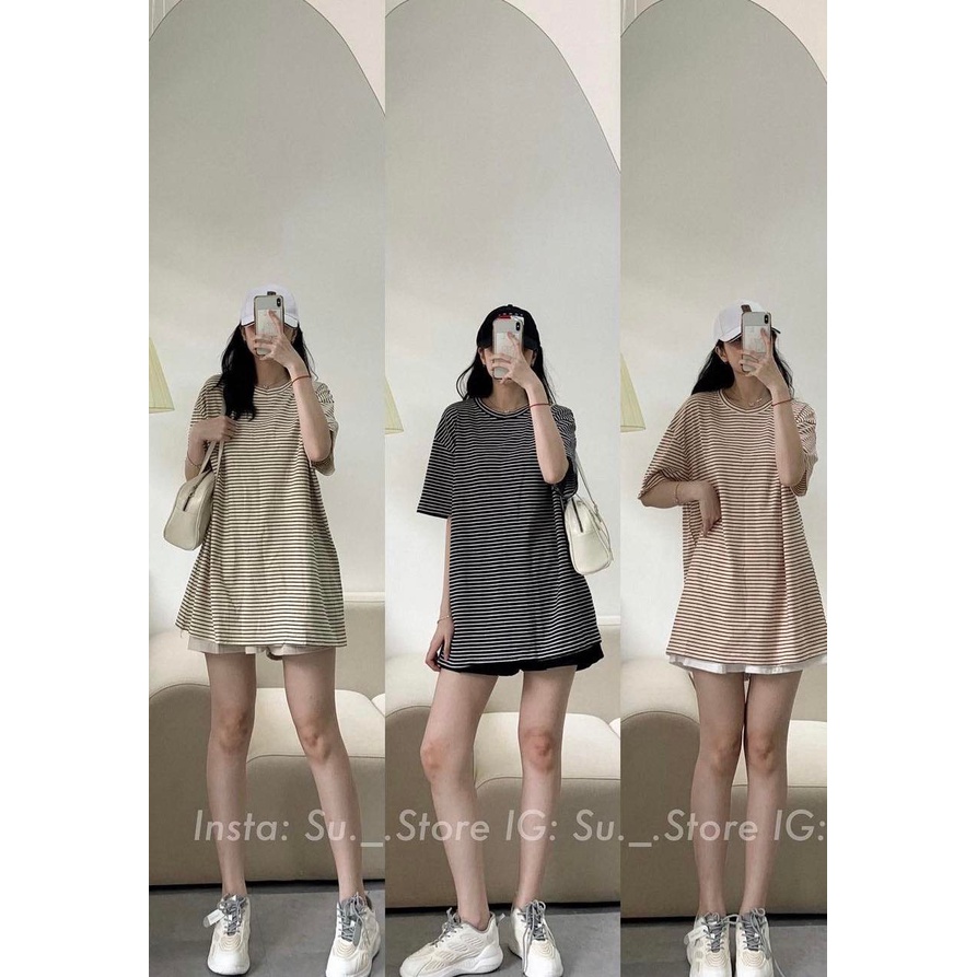 Set áo thun kẻ nhỏ cổ tròn kèm quần sooc kaki, set đồ bộ mặc hè form rộng phong cách Ulzzang