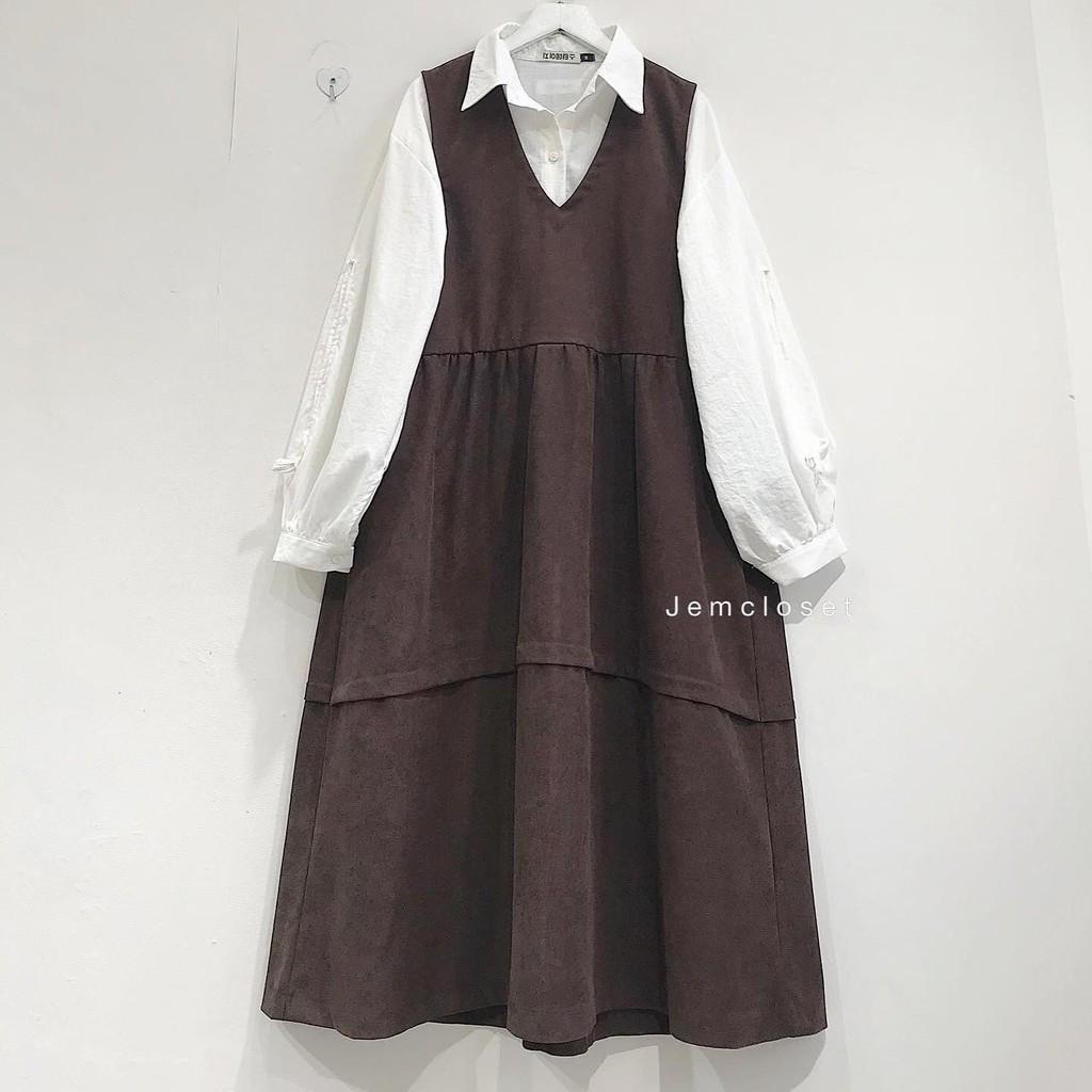 Yếm váy dài JEMCLOSET 2 màu Đen &amp; Nâu Anko Chất Liệu Nhung Mĩ Dáng Váy Chữ A Bồng Bềnh Dễ Thương Mềm Mại - 7145