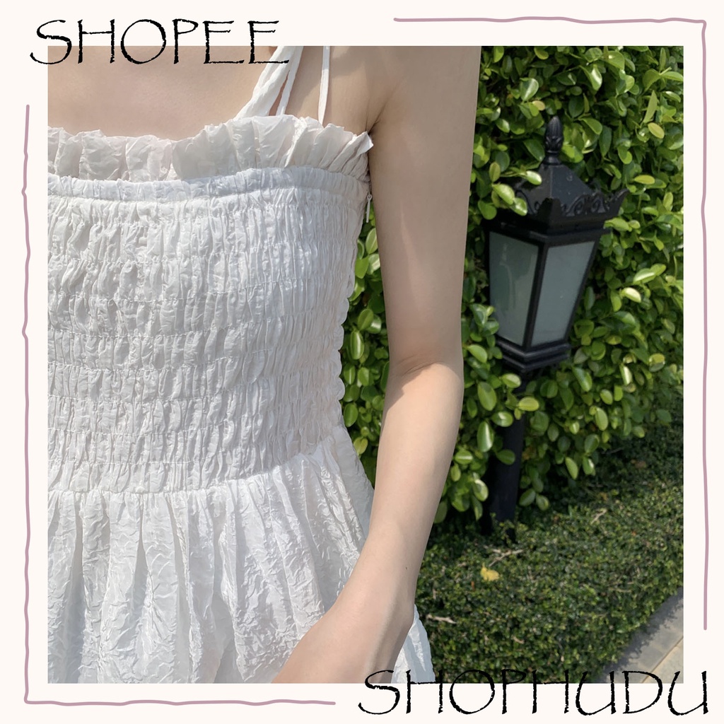 V001 Váy hai dây thắt nơ chun ngực viền bèo Ulzzang dáng xòe xinh xắn đầm voan mềm  Hàn Quốc cá tính phong cách