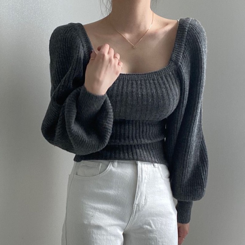 Porozi  Áo sweater dệt kim  tay phồng cổ vuông màu sắc đơn giản phong cách Hàn Quốc cho nữ