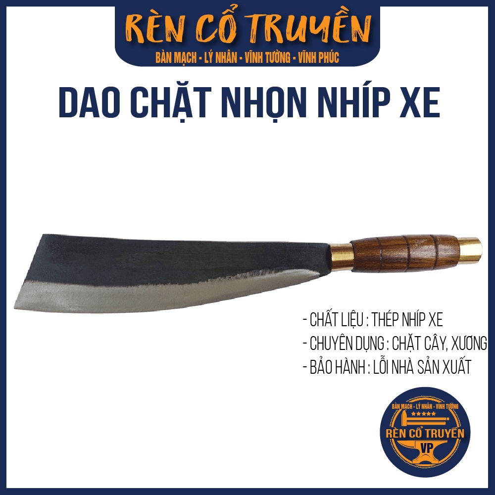 Dao Chặt đầu nhọn thép nhíp xe ô tô - khâu Inox - cán gỗ chặt dừa, chặt xương, thái thịt,...rèn thủ công Lý Nhân