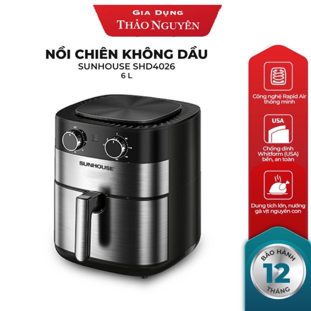 Nồi chiên không dầu Sunhouse SHD4026 dung tích 6 lít [model 7/2021] - Bảo hành chính hãng 12 tháng toàn quốc