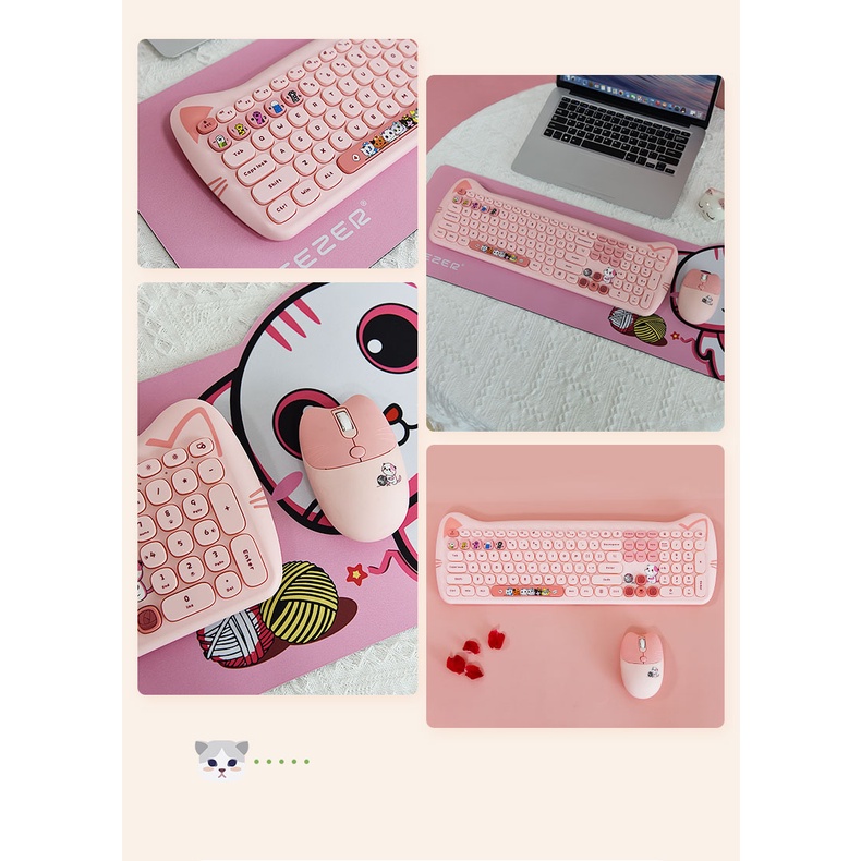 Bộ bàn phím và chuột không dây MOFII KITTY PLUS full size 104 phím với hình dáng tai mèo dễ thương kết nối bằng chip USB