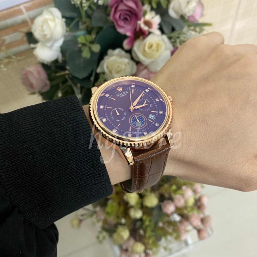 Đồng hồ Nam Rolex máy nhật, mẫu 6kim đính đá, mặt nâu cafe viền vàng, dây da [ BH 1 Năm ] lỗi 1 đổi 1 miễn phí | BigBuy360 - bigbuy360.vn