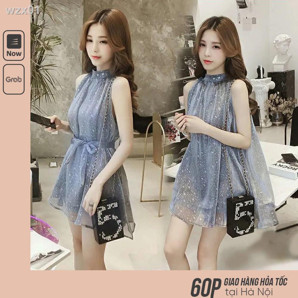 áy Liền Lớp Cổ Yếm Cách Điệu Lấp Lánh Blink BLink/ Đầm Chữ A Xòe Sát Nách Mặc Kiểu Kèm Thắt Lưng ☺❤