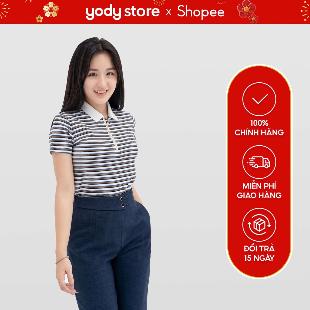 Áo phông polo nữ YODY kẻ ngang có khóa cổ mềm mịn thoáng mát - APN3766
