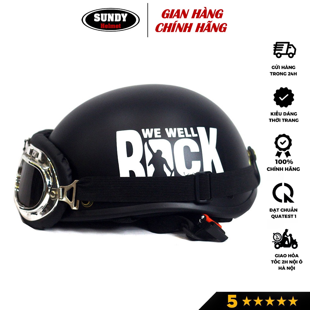 Mũ bảo hiểm 1/2 đầu SUNDY Helmets thời trang, Tem hình ROCK cá tính, Freesize (55-59cm) kèm kính UV, phi công