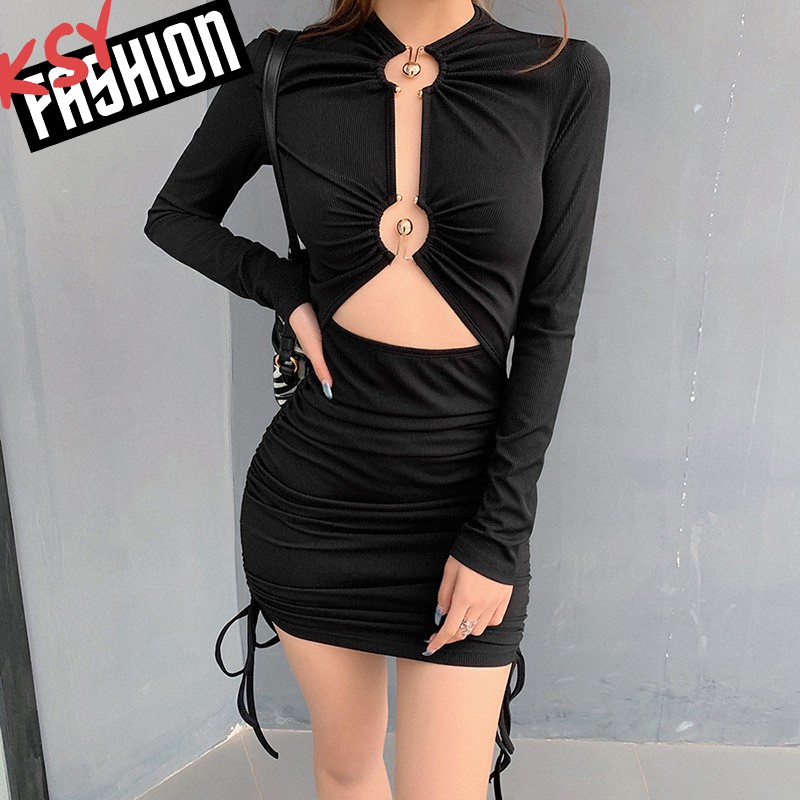 Đầm body sexy cut-out phong cách Âu Mỹ 2021 thiết kế xu hướng mới tay dài và chân váy ôm