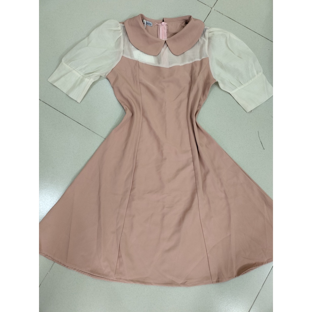 Đầm cổ sen phối voan co giãn nhẹ - eo 66-68 - 3 màu (trắng, đen, hồng)