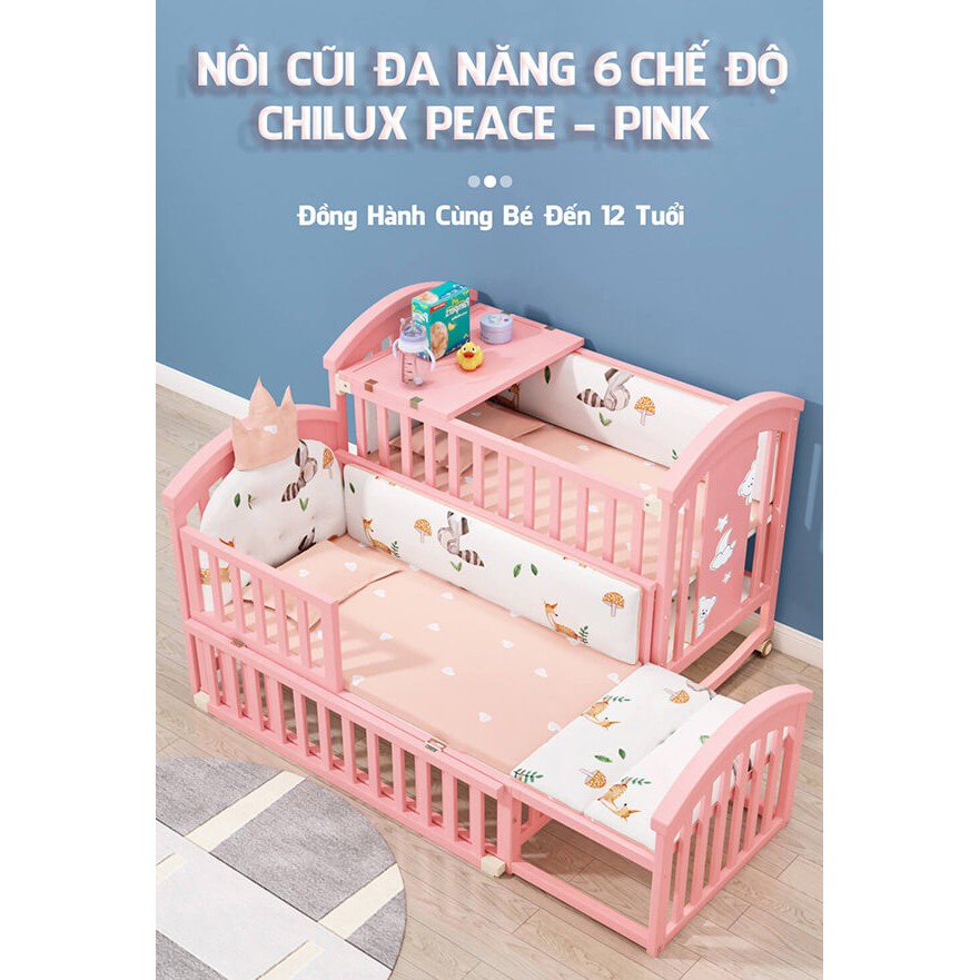 Nôi cũi gỗ em bé gấu con Teddy Bear đa năng 6 trong 1 CHILUX PEACE màu hồng