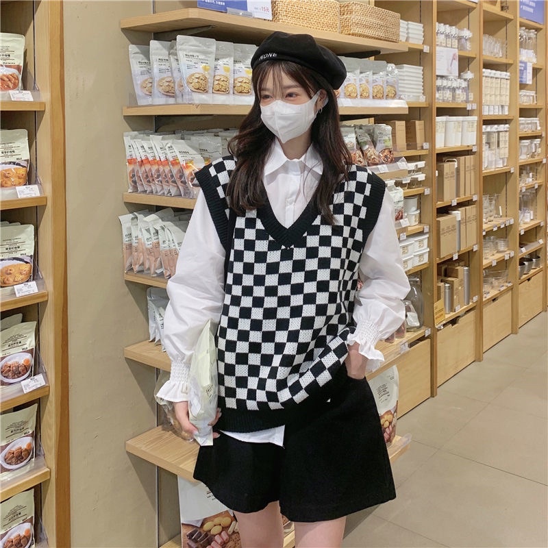 Áo gile len nữ cổ V họa tiết kẻ sọc caro phong cách Hàn Quốc GL5 | BigBuy360 - bigbuy360.vn