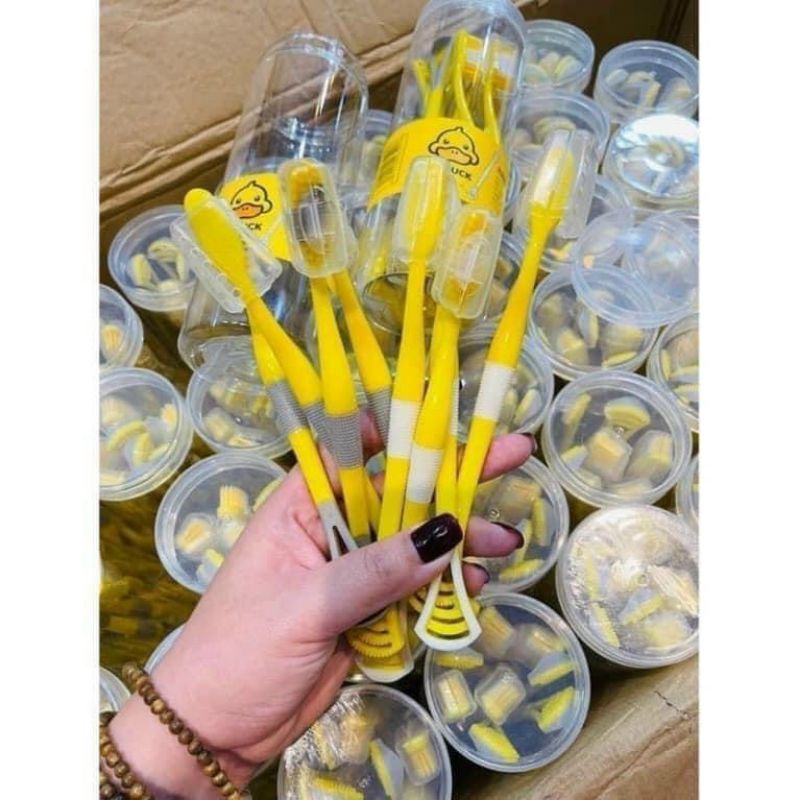 hộp 8 cây bàn chải đánh răng kèm cạo lưỡi hình vịt vàng kute, bàn chải đánh răng 2 in 1
