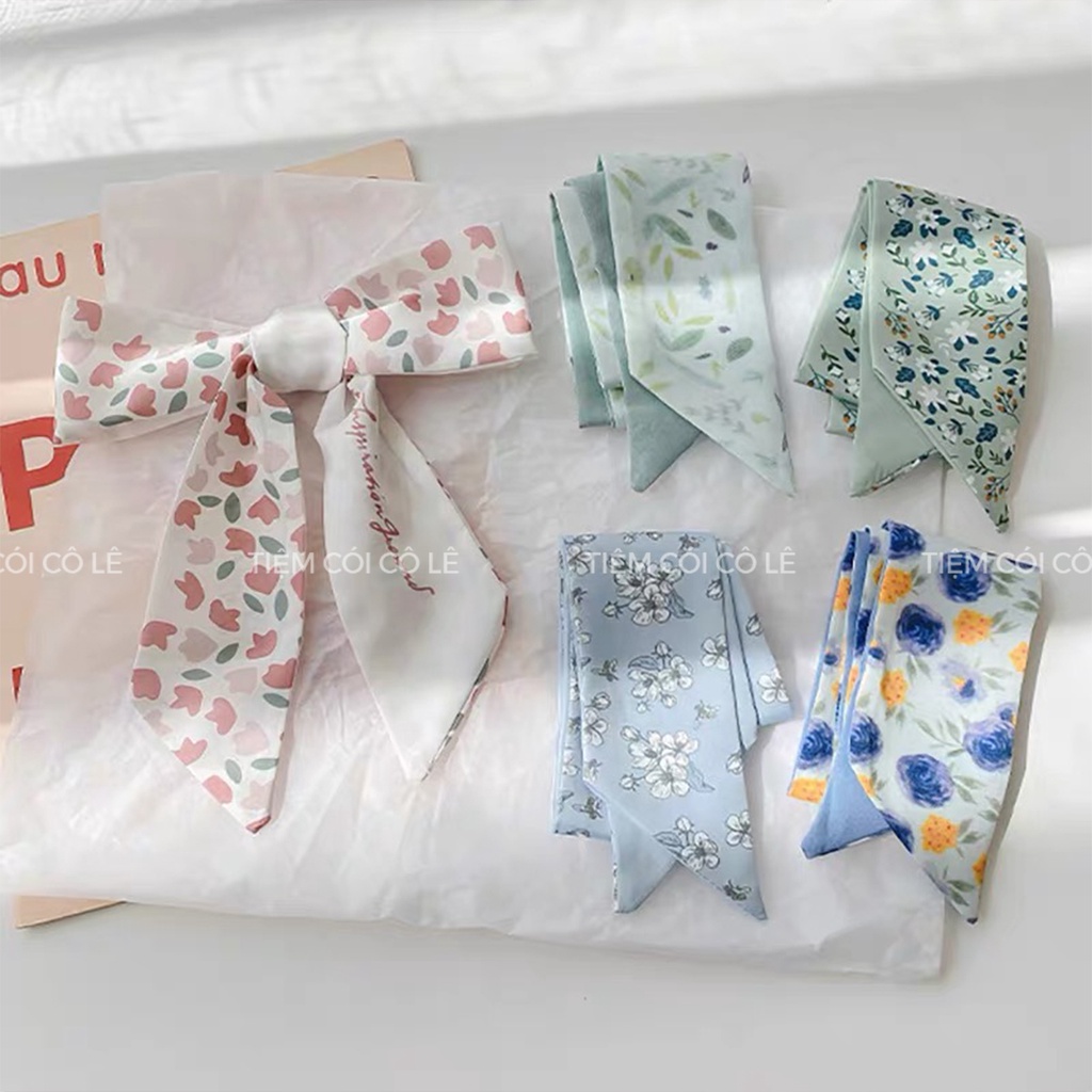 Dây lụa buộc tóc, khăn lụa thắt nơ túi cói, mix cùng giỏ phong cách Hàn Quốc - Tiệm Cói Cô Lê