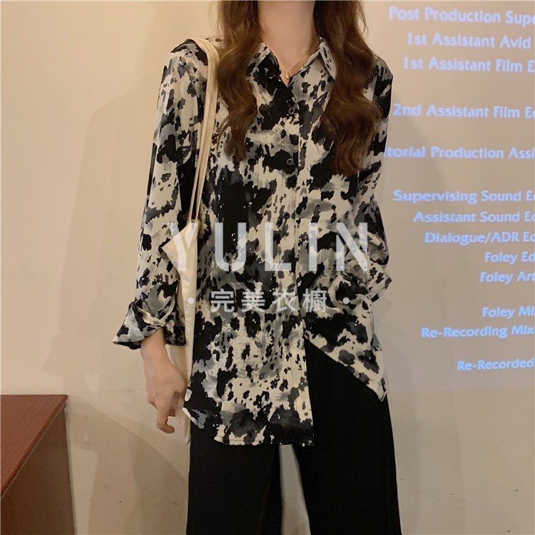 YL Chiffon Shirt With Ink Print Retro Hong Kong Fashion Spring Summer New For Women 2021