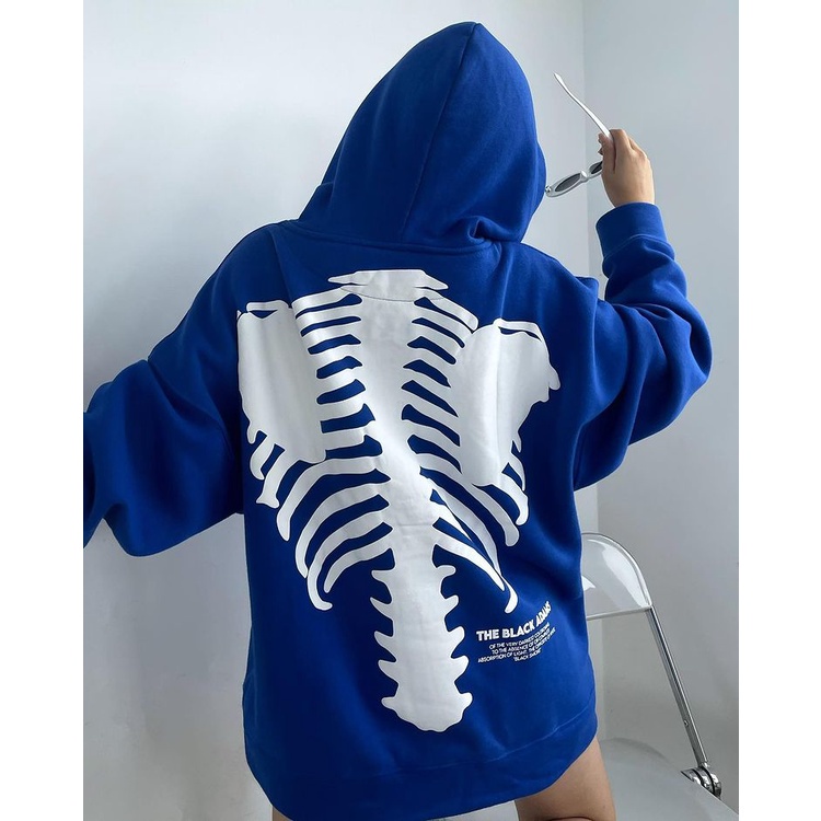 Áo Hoodie Xanh Lá In Hình Xương Form Rộng Nữ Meeny - Khoác Nỉ Ngoại Mũ 2 Lớp Chất Mịn Tay Bồng Unisex Phong Cách Ullzang