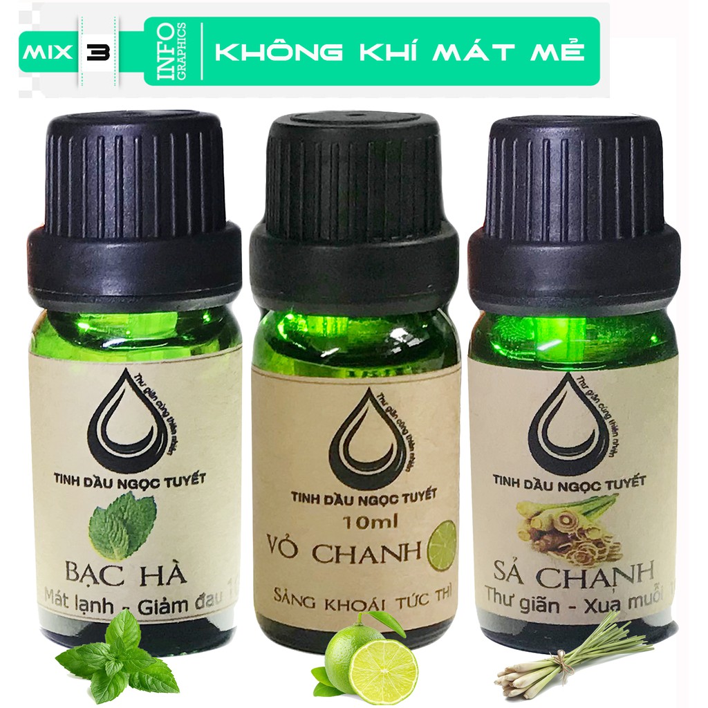 Bộ 3 tinh dầu thanh loc không khí,tạo sự mát mẻ cho ngôi nhà của bạn 10ml*3 Ngọc Tuyết( bạc hà,chanh và sả chanh)