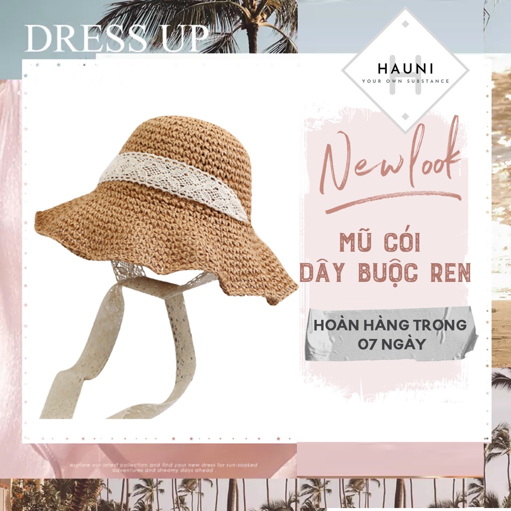 Mũ cói mềm móc tay dây ren buộc cổ kiểu dáng nhẹ nhàng nữ tính C2
