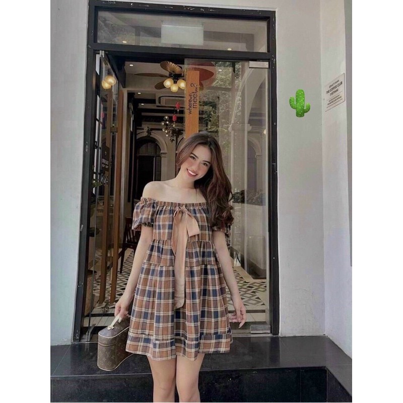 ĐẦM SƠ MI CARO XINH ĐẸP CÓ DÂY NƠ
