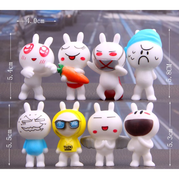 Bộ combo 08 mô hình thỏ trắng nhí nhố để trang trí xe, móc chìa khóa, DIY