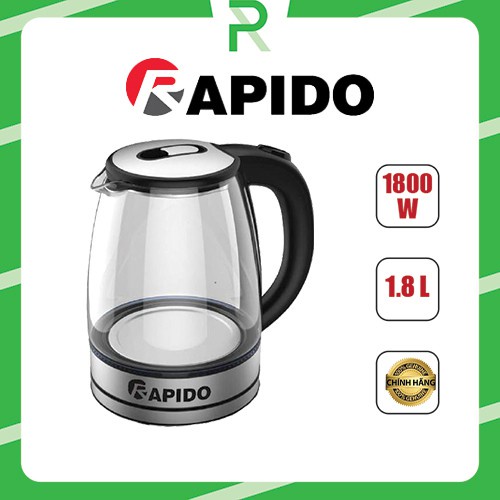 Ấm đun nước siêu tốc 1,8L thủy tinh Rapido RK1818 - Bảo hành uy tín 1 đổi 1 Chính hãng