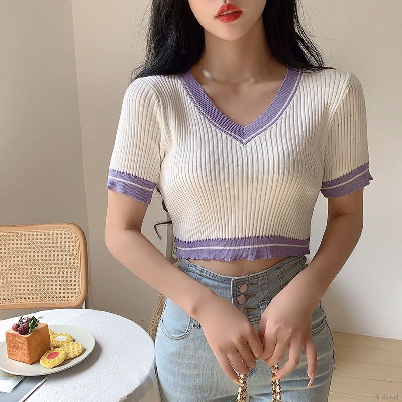 Áo Croptop Dệt Kim Tay Ngắn Thiết Kế Cổ Chữ V Nữ Tính | BigBuy360 - bigbuy360.vn