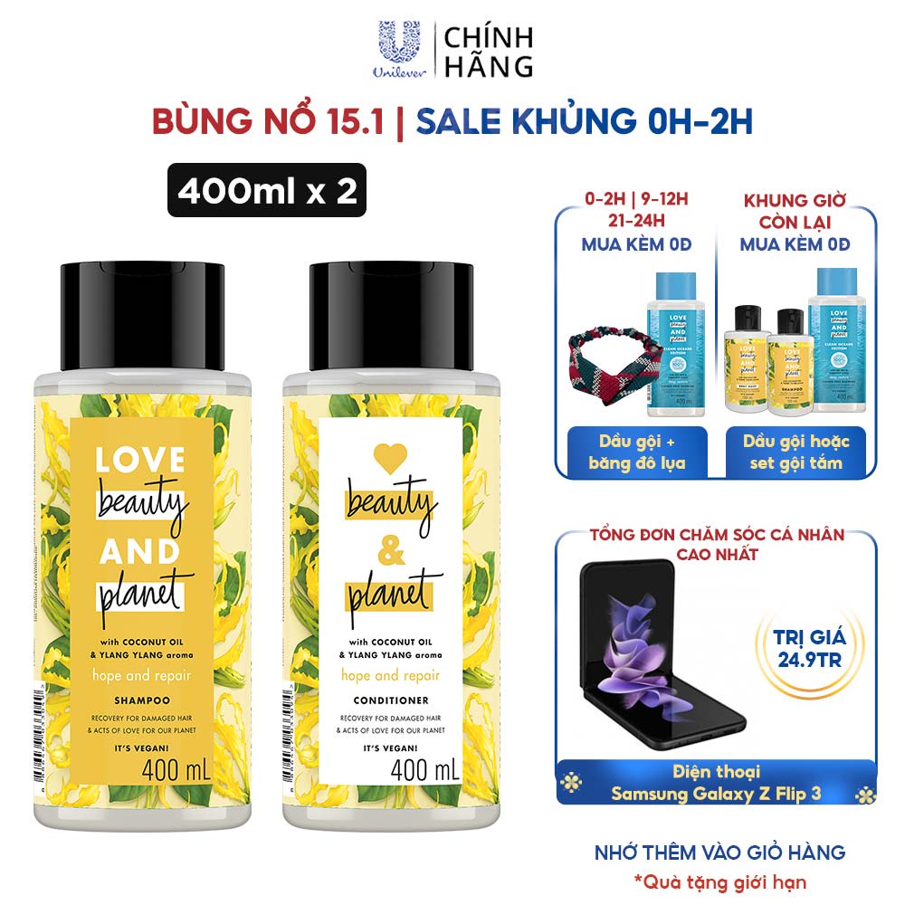 Combo Gội Xả Love Beauty &amp; Planet Phục Hồi Chẻ Ngọn Hope &amp; Repair 100% Dầu Dừa Organic Hương Ngọc Lan Tây 400Mlx2