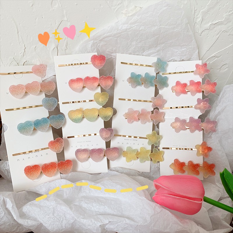 Set 2 kẹp tóc nữ dễ thương hình trái tim ngôi sao phong cách hàn quốc KT001