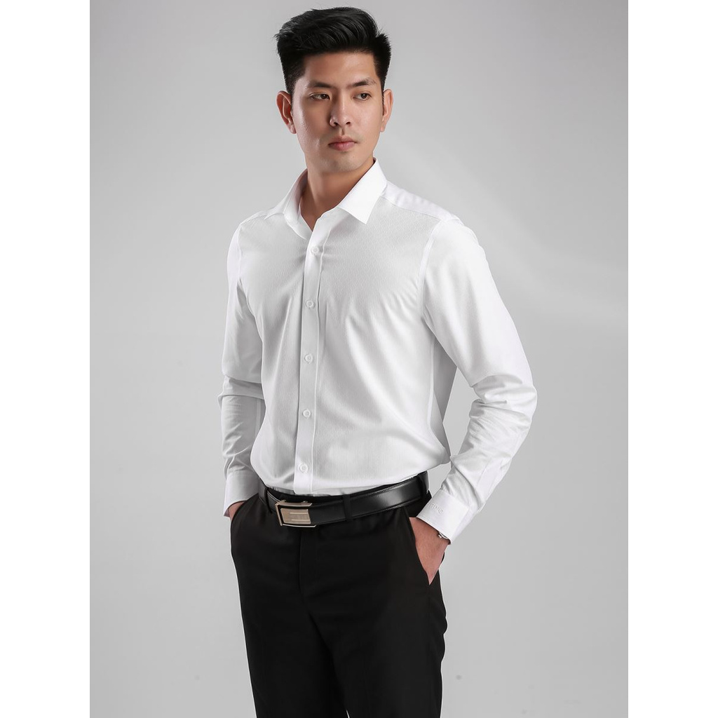 Áo Sơ Mi Nam Tay Dài Aristino ALS43807 Màu Trắng Thoi Nổi Kiểu Dáng Regular Fit Chất Liệu Sợi Sồi